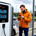 A Nissan Ariya is connected to an older, somewhat busy public DC fast charging station in a typical Polish urban or roadside setting. The driver, a person in their 30s-40s, stands nearby, looking at the car's display or a charging app on their phone with a thoughtful, slightly patient expression, acknowledging the reality of fluctuating charging speeds and potential queues. The overall atmosphere conveys the nuanced experience of public charging, balancing expectations with the practicalities of existing infrastructure.