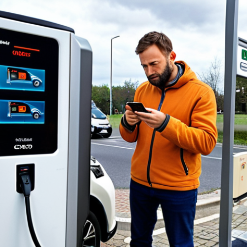 Home 13 A Nissan Ariya is connected to an older, somewhat busy public DC fast charging station in a typical Polish urban or roadside setting. The driver, a person in their 30s-40s, stands nearby, looking at the car's display or a charging app on their phone with a thoughtful, slightly patient expression, acknowledging the reality of fluctuating charging speeds and potential queues. The overall atmosphere conveys the nuanced experience of public charging, balancing expectations with the practicalities of existing infrastructure.