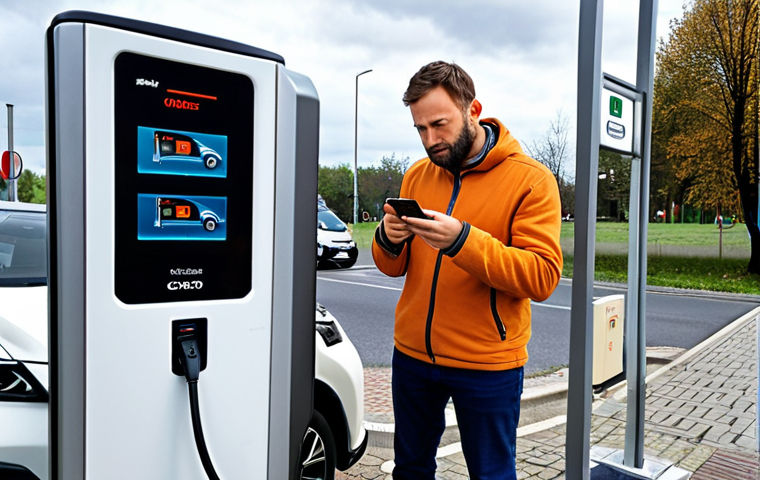 A Nissan Ariya is connected to an older, somewhat busy public DC fast charging station in a typical Polish urban or roadside setting. The driver, a person in their 30s-40s, stands nearby, looking at the car's display or a charging app on their phone with a thoughtful, slightly patient expression, acknowledging the reality of fluctuating charging speeds and potential queues. The overall atmosphere conveys the nuanced experience of public charging, balancing expectations with the practicalities of existing infrastructure.