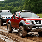 A powerful Nissan Frontier and Chevrolet Colorado pickup truck, showcasing their rugged build and performance, traversing a challenging, muddy dirt road in a scenic Polish countryside. The trucks appear capable and durable, with visible suspension working over uneven terrain. Include subtle visual cues of payload or towing.