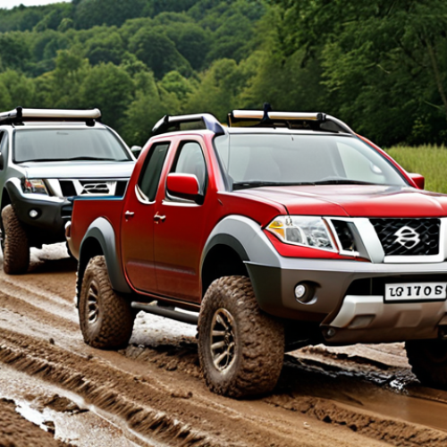 Home 8 A powerful Nissan Frontier and Chevrolet Colorado pickup truck, showcasing their rugged build and performance, traversing a challenging, muddy dirt road in a scenic Polish countryside. The trucks appear capable and durable, with visible suspension working over uneven terrain. Include subtle visual cues of payload or towing.