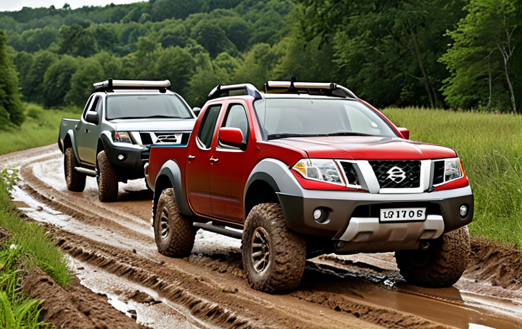 A powerful Nissan Frontier and Chevrolet Colorado pickup truck, showcasing their rugged build and performance, traversing a challenging, muddy dirt road in a scenic Polish countryside. The trucks appear capable and durable, with visible suspension working over uneven terrain. Include subtle visual cues of payload or towing.